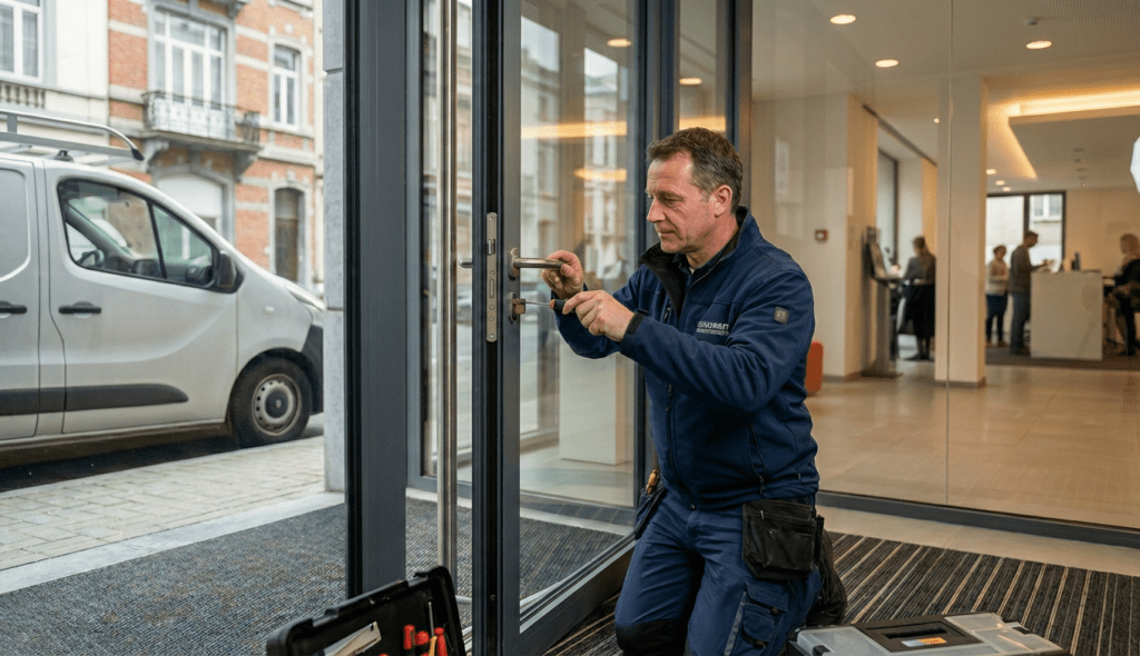 Serrurier Etterbeek intervenant dans un commerce pour installation de serrure professionnelle