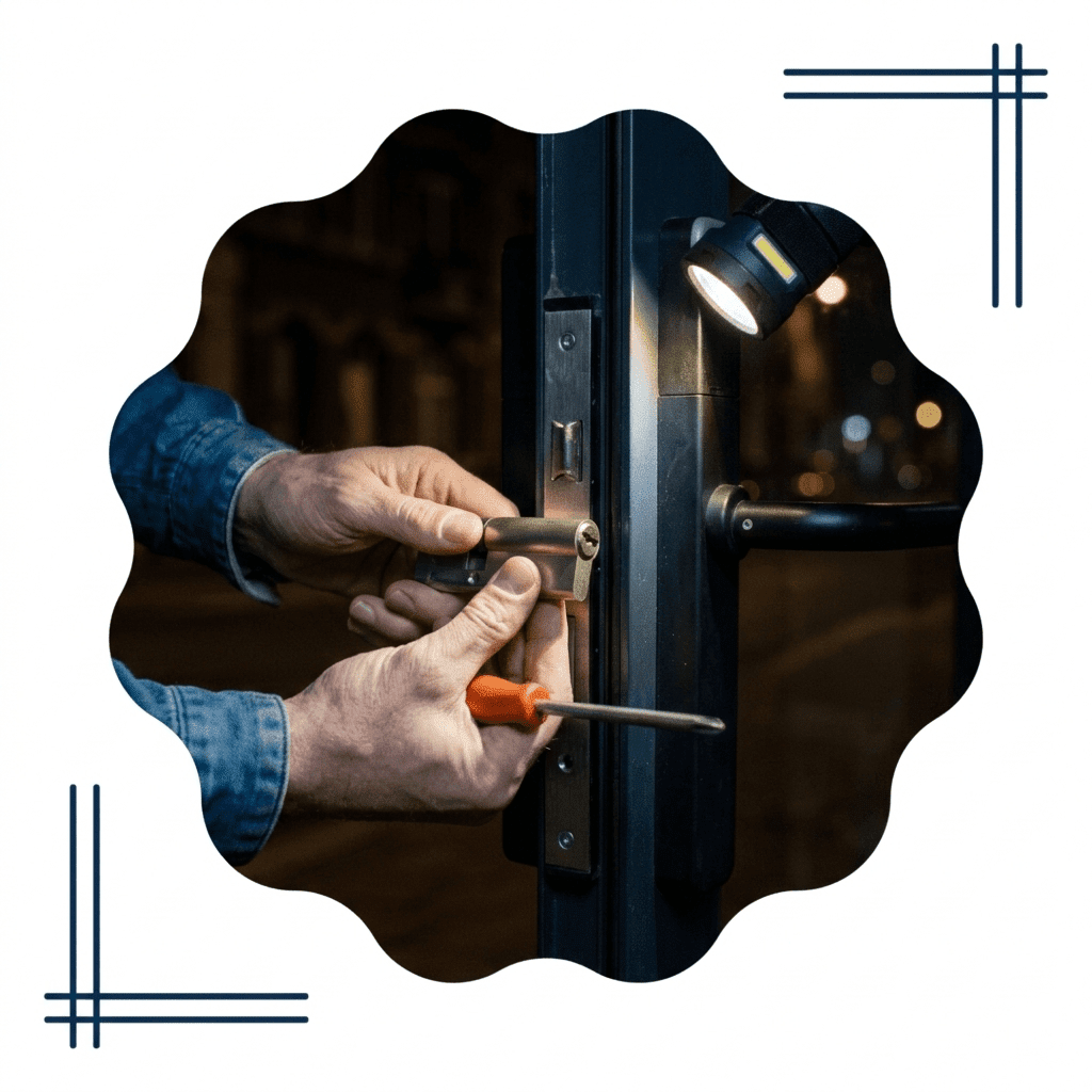 Serrurier MRJ à Forest 3 Technicien en serrurerie Forest réalisant un dépannage d’urgence en soirée