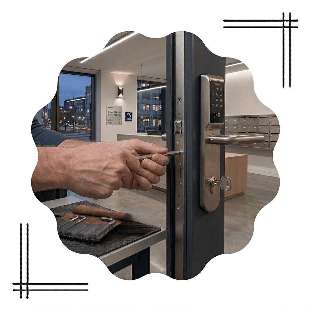 Serrurier MRJ à Forest 8 Technicien en serrurerie Forest sécurisant l’entrée d’un commerce local