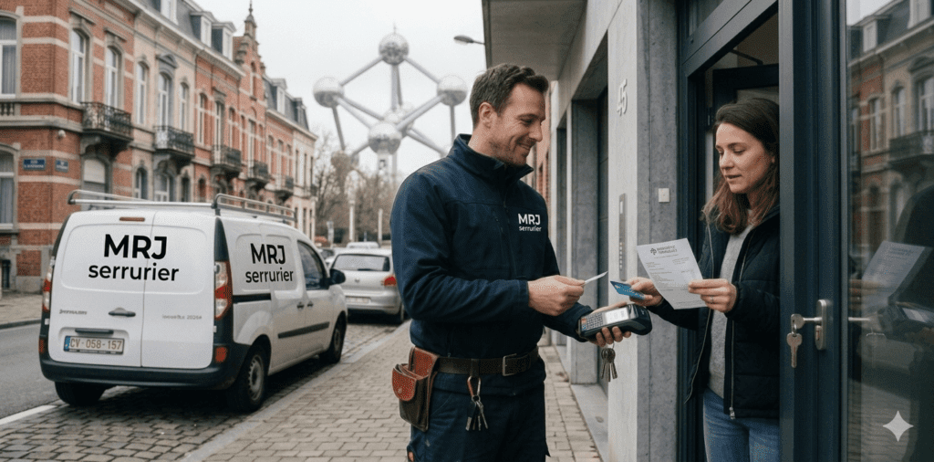 Tarif serrurier Bruxelles : ce que vous allez vraiment payer en 2026 1 Tarif serrurier Bruxelles : clés et outils avec étiquettes de prix 80€, 150€ et 300€